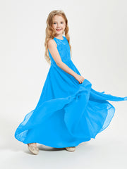Robes Longues de Demoiselle d'Honneur Junior Haut en Dentelle Illusion Bleu Océan
