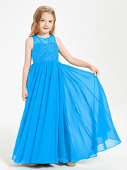 Robes Longues de Demoiselle d'Honneur Junior Haut en Dentelle Illusion Bleu Océan