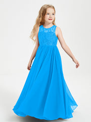 Robes Longues de Demoiselle d'Honneur Junior Haut en Dentelle Illusion Bleu Océan