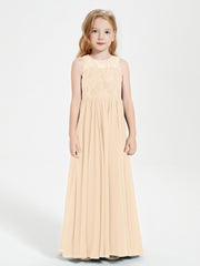 Robes Longues de Demoiselle d'Honneur Junior Haut en Dentelle Illusion Pêche
