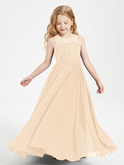Robes Longues de Demoiselle d'Honneur Junior Haut en Dentelle Illusion Pêche