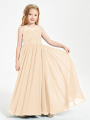Robes Longues de Demoiselle d'Honneur Junior Haut en Dentelle Illusion Pêche