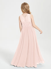 Robes Longues de Demoiselle d'Honneur Junior Haut en Dentelle Illusion Rose Perle