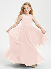 Robes Longues de Demoiselle d'Honneur Junior Haut en Dentelle Illusion Rose Perle