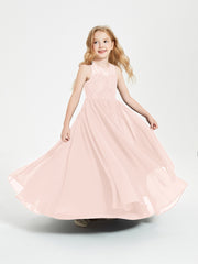 Robes Longues de Demoiselle d'Honneur Junior Haut en Dentelle Illusion Rose Perle