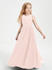 Robes Longues de Demoiselle d'Honneur Junior Haut en Dentelle Illusion Rose Perle