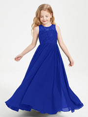 Robes Longues de Demoiselle d'Honneur Junior Haut en Dentelle Illusion Bleu Royale