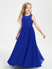 Robes Longues de Demoiselle d'Honneur Junior Haut en Dentelle Illusion Bleu Royale