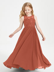 Robes Longues de Demoiselle d'Honneur Junior Haut en Dentelle Illusion Rouille