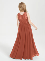 Robes Longues de Demoiselle d'Honneur Junior Haut en Dentelle Illusion Rouille
