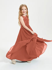 Robes Longues de Demoiselle d'Honneur Junior Haut en Dentelle Illusion Rouille