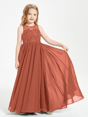 Robes Longues de Demoiselle d'Honneur Junior Haut en Dentelle Illusion Rouille
