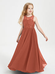 Robes Longues de Demoiselle d'Honneur Junior Haut en Dentelle Illusion Rouille