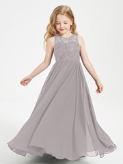 Robes Longues de Demoiselle d'Honneur Junior Haut en Dentelle Illusion Argent
