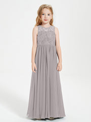 Robes Longues de Demoiselle d'Honneur Junior Haut en Dentelle Illusion Argent