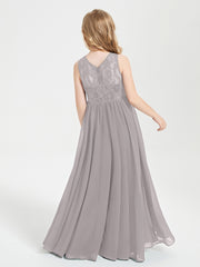 Robes Longues de Demoiselle d'Honneur Junior Haut en Dentelle Illusion Argent