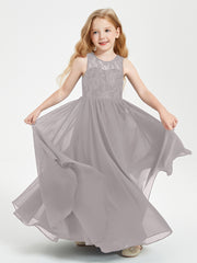Robes Longues de Demoiselle d'Honneur Junior Haut en Dentelle Illusion Argent
