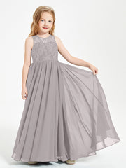 Robes Longues de Demoiselle d'Honneur Junior Haut en Dentelle Illusion Argent