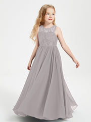 Robes Longues de Demoiselle d'Honneur Junior Haut en Dentelle Illusion Argent