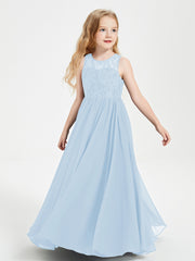 Robes Longues de Demoiselle d'Honneur Junior Haut en Dentelle Illusion Bleu Ciel