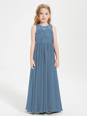 Robes Longues de Demoiselle d'Honneur Junior Haut en Dentelle Illusion Bleu de Schiste