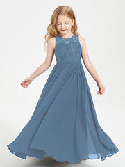 Robes Longues de Demoiselle d'Honneur Junior Haut en Dentelle Illusion Bleu de Schiste
