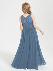 Robes Longues de Demoiselle d'Honneur Junior Haut en Dentelle Illusion Bleu de Schiste