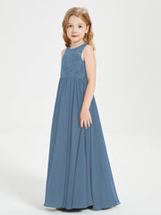 Robes Longues de Demoiselle d'Honneur Junior Haut en Dentelle Illusion Bleu de Schiste