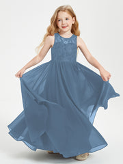 Robes Longues de Demoiselle d'Honneur Junior Haut en Dentelle Illusion Bleu de Schiste