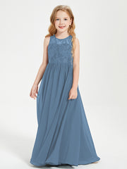 Robes Longues de Demoiselle d'Honneur Junior Haut en Dentelle Illusion Bleu de Schiste