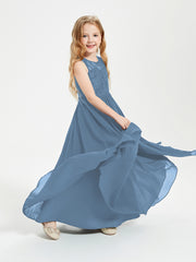 Robes Longues de Demoiselle d'Honneur Junior Haut en Dentelle Illusion Bleu de Schiste
