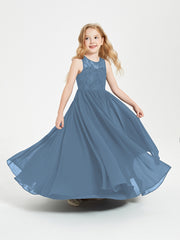 Robes Longues de Demoiselle d'Honneur Junior Haut en Dentelle Illusion Bleu de Schiste