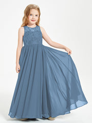Robes Longues de Demoiselle d'Honneur Junior Haut en Dentelle Illusion Bleu de Schiste