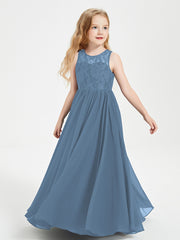 Robes Longues de Demoiselle d'Honneur Junior Haut en Dentelle Illusion Bleu de Schiste