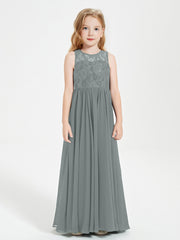 Robes Longues de Demoiselle d'Honneur Junior Haut en Dentelle Illusion Gris Acier