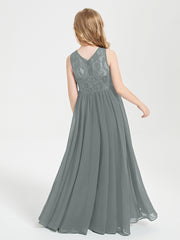 Robes Longues de Demoiselle d'Honneur Junior Haut en Dentelle Illusion Gris Acier