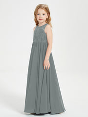 Robes Longues de Demoiselle d'Honneur Junior Haut en Dentelle Illusion Gris Acier
