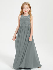 Robes Longues de Demoiselle d'Honneur Junior Haut en Dentelle Illusion Gris Acier