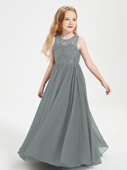 Robes Longues de Demoiselle d'Honneur Junior Haut en Dentelle Illusion Gris Acier