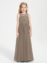 Robes Longues de Demoiselle d'Honneur Junior Haut en Dentelle Illusion Taupe