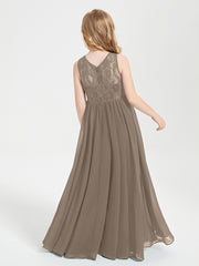 Robes Longues de Demoiselle d'Honneur Junior Haut en Dentelle Illusion Taupe