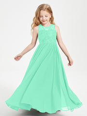 Robes Longues de Demoiselle d'Honneur Junior Haut en Dentelle Illusion Turquoise