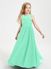 Robes Longues de Demoiselle d'Honneur Junior Haut en Dentelle Illusion Turquoise