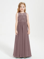 Robes Longues de Demoiselle d'Honneur Junior Haut en Dentelle Illusion Vintage Mauve