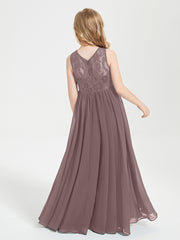 Robes Longues de Demoiselle d'Honneur Junior Haut en Dentelle Illusion Vintage Mauve