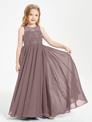 Robes Longues de Demoiselle d'Honneur Junior Haut en Dentelle Illusion Vintage Mauve
