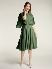Scoop Col Flotter Manches Court Mousseline Robes Olive Verte