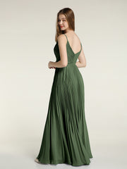Col En V Complète Plissé Jupe Robes Avec Nœud Ceinture Olive Verte