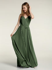 Col En V Complète Plissé Jupe Robes Avec Nœud Ceinture Olive Verte
