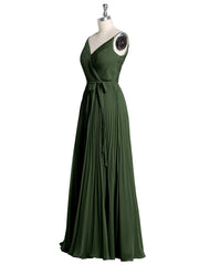 Col En V Complète Plissé Jupe Robes Avec Nœud Ceinture Olive Verte